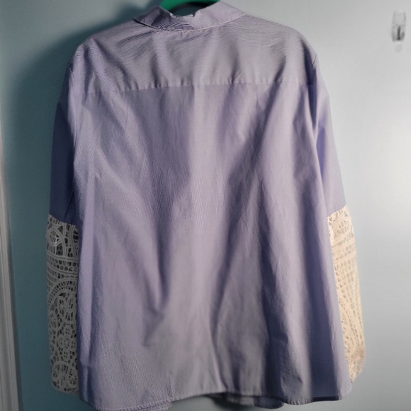 Chico's Blue Stripe Lace Balloon Sleeves Pearl Button Shirt Womens Size 4 (XXL) - Picture 2 of 7
